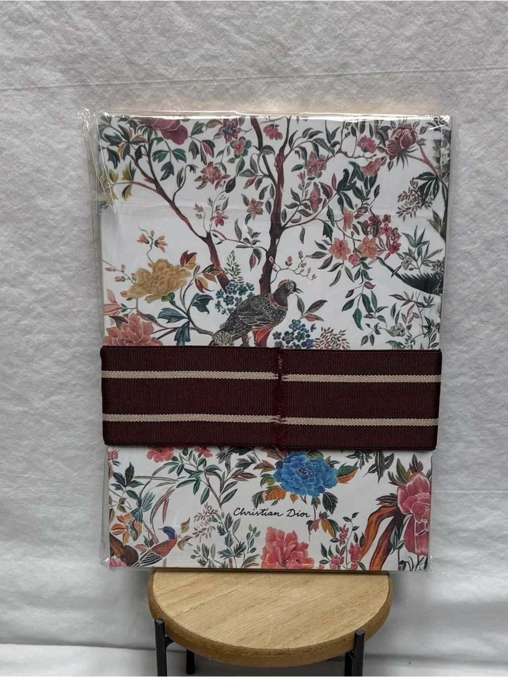Dior Floral Card Holder with Burgundy Logo Band and Multicolor Bouquet